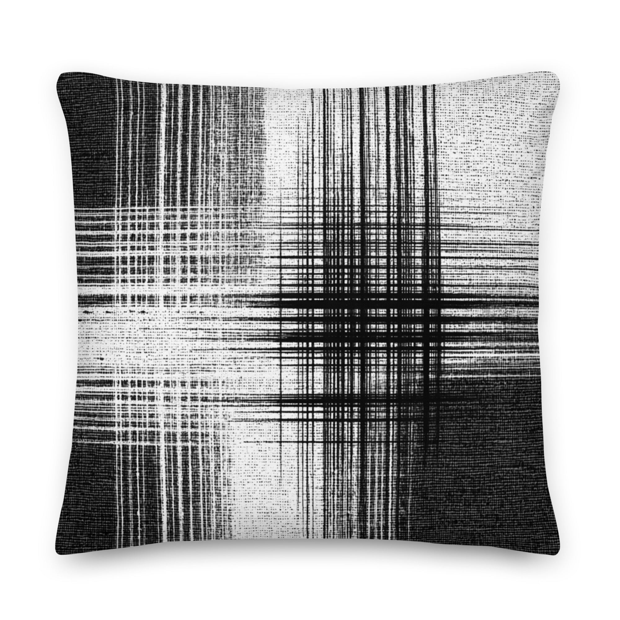 Black and white cushion with vertical and horizontal lines on a white background