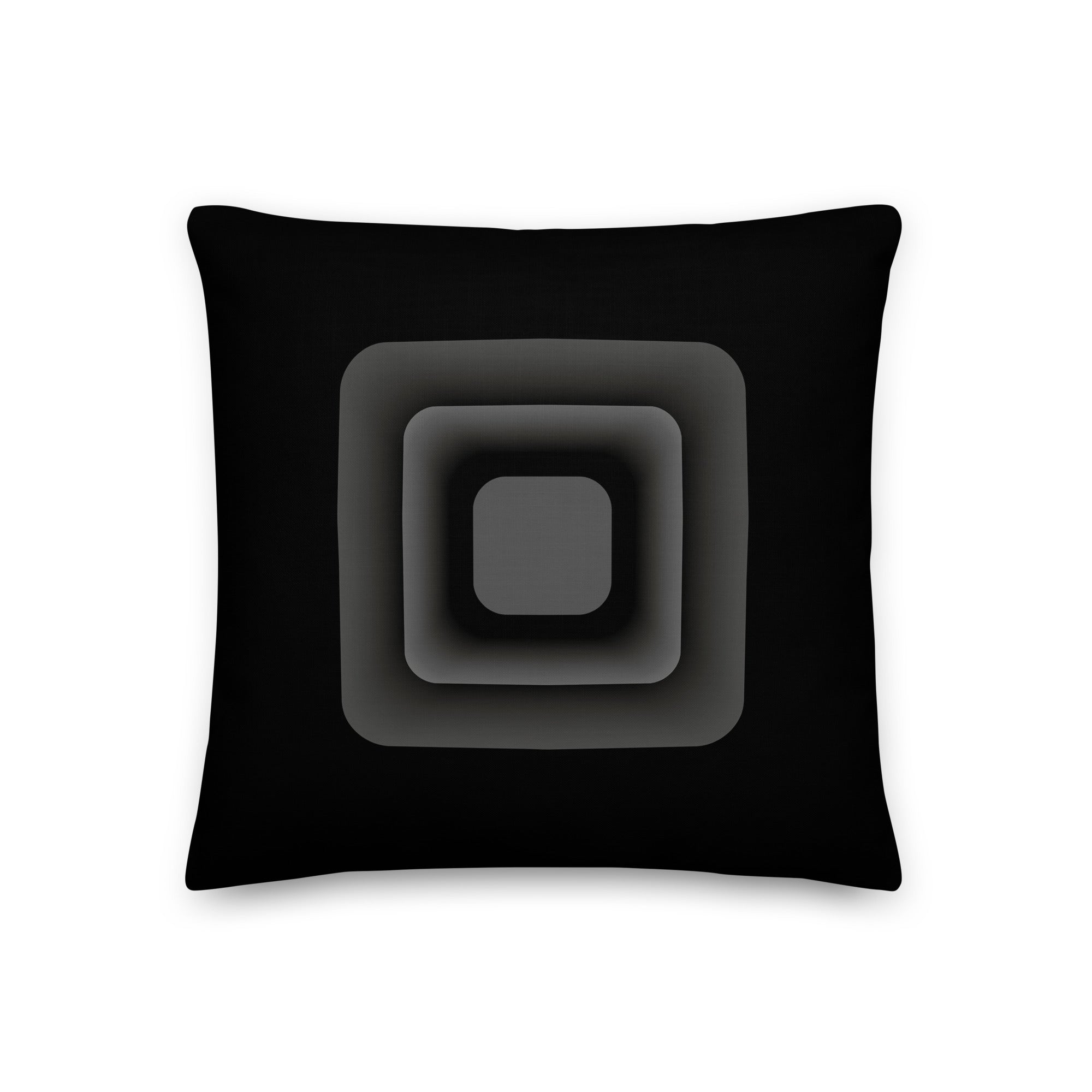 Black cushion featuring a unique abstract speaker design on a white background, printed on both sides.