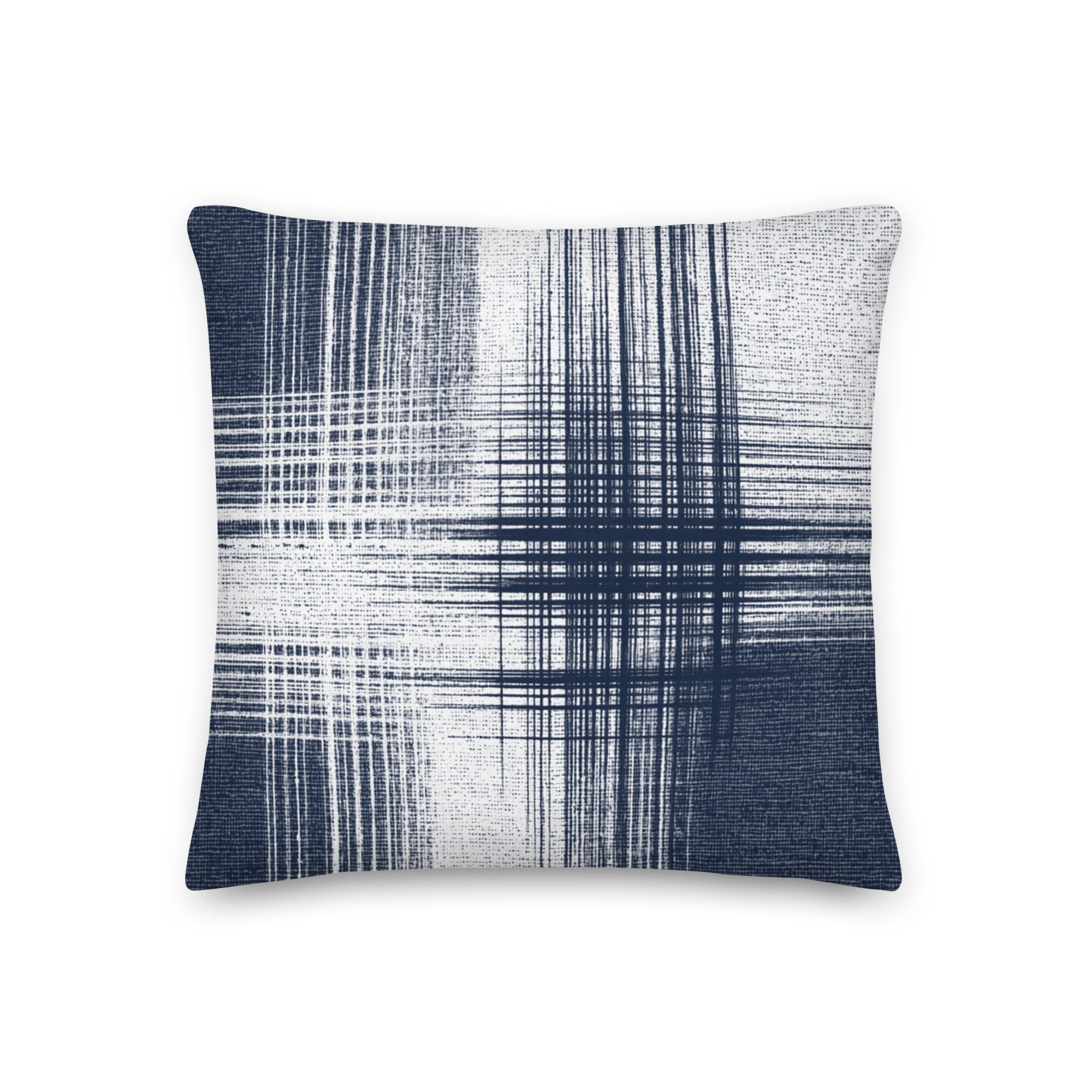 Blue and white cushion with vertical and horizontal lines on a white background