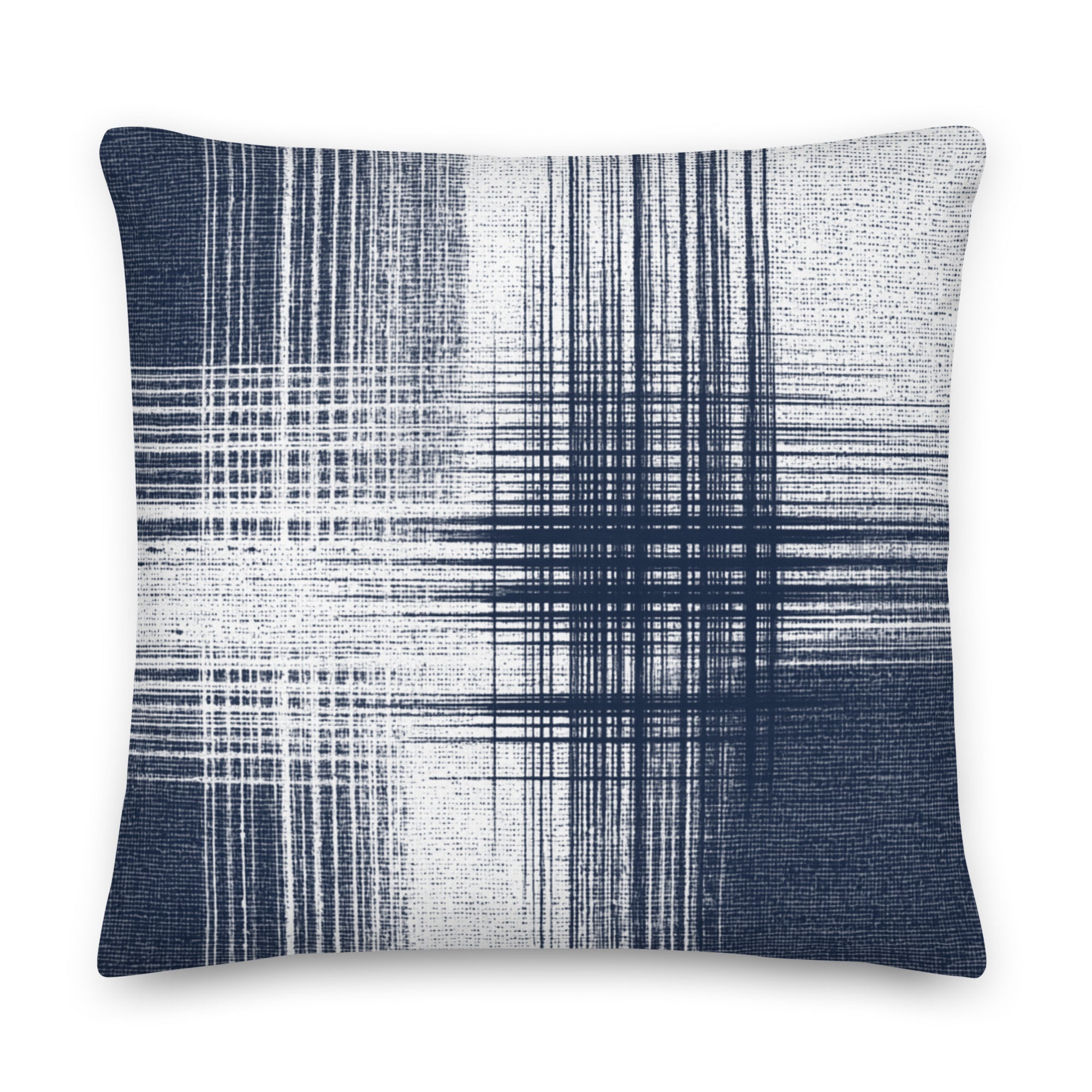 Blue and white cushion with vertical and horizontal lines on a white background