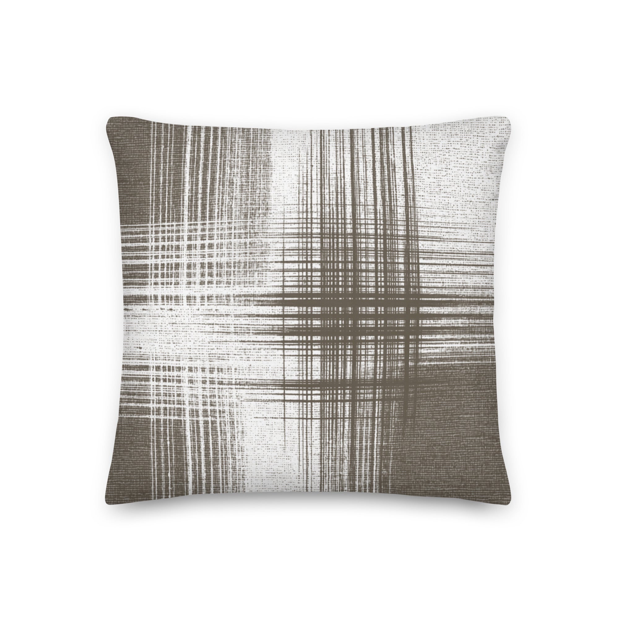 Brown and white cushion with vertical and horizontal lines on a white background