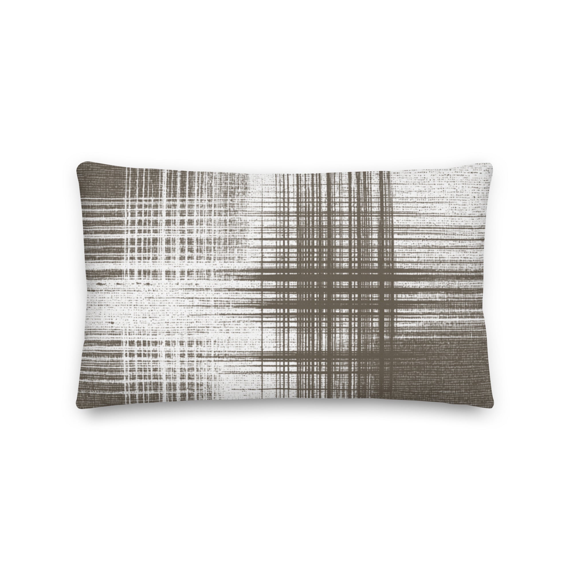 Brown and white cushion with vertical and horizontal lines on a white background