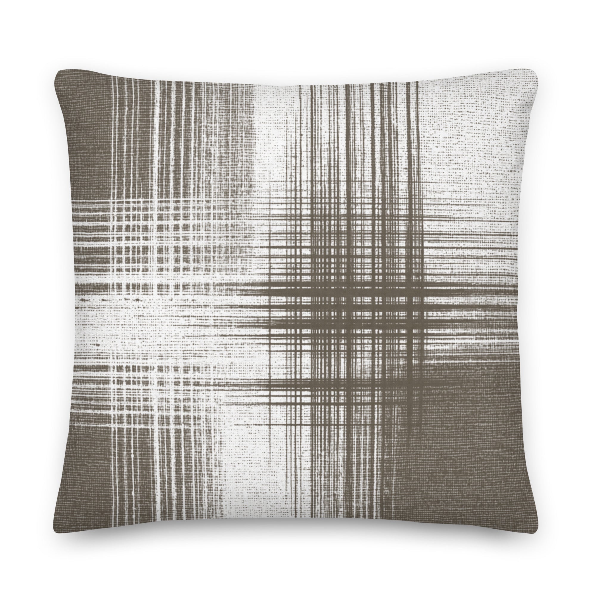 Brown and white cushion with vertical and horizontal lines on a white background
