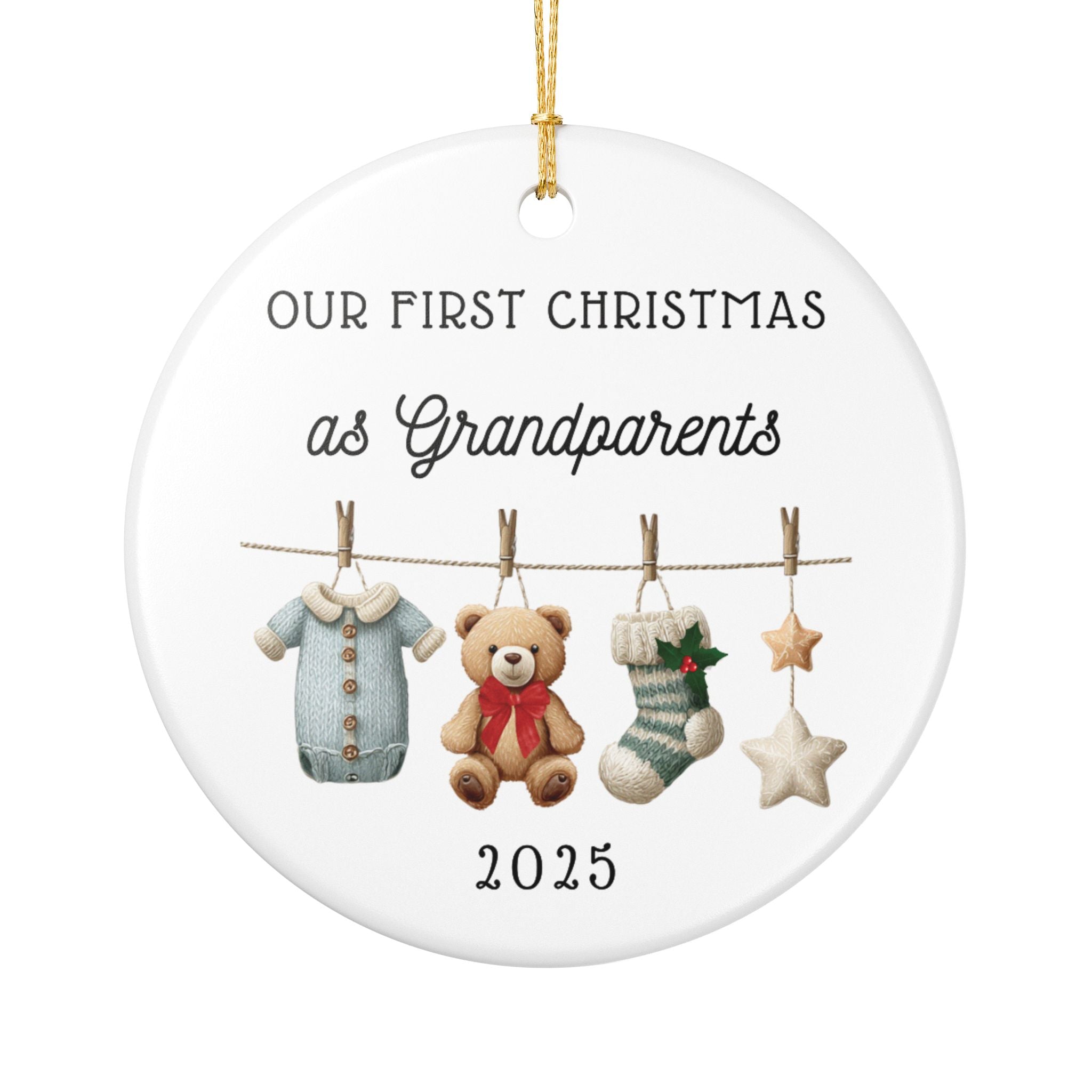 Decorative ceramic Christmas ornament with text 'Our First Christmas as Grandparents 2025'. Featuring a teddy bear, baby clothes, and stars.