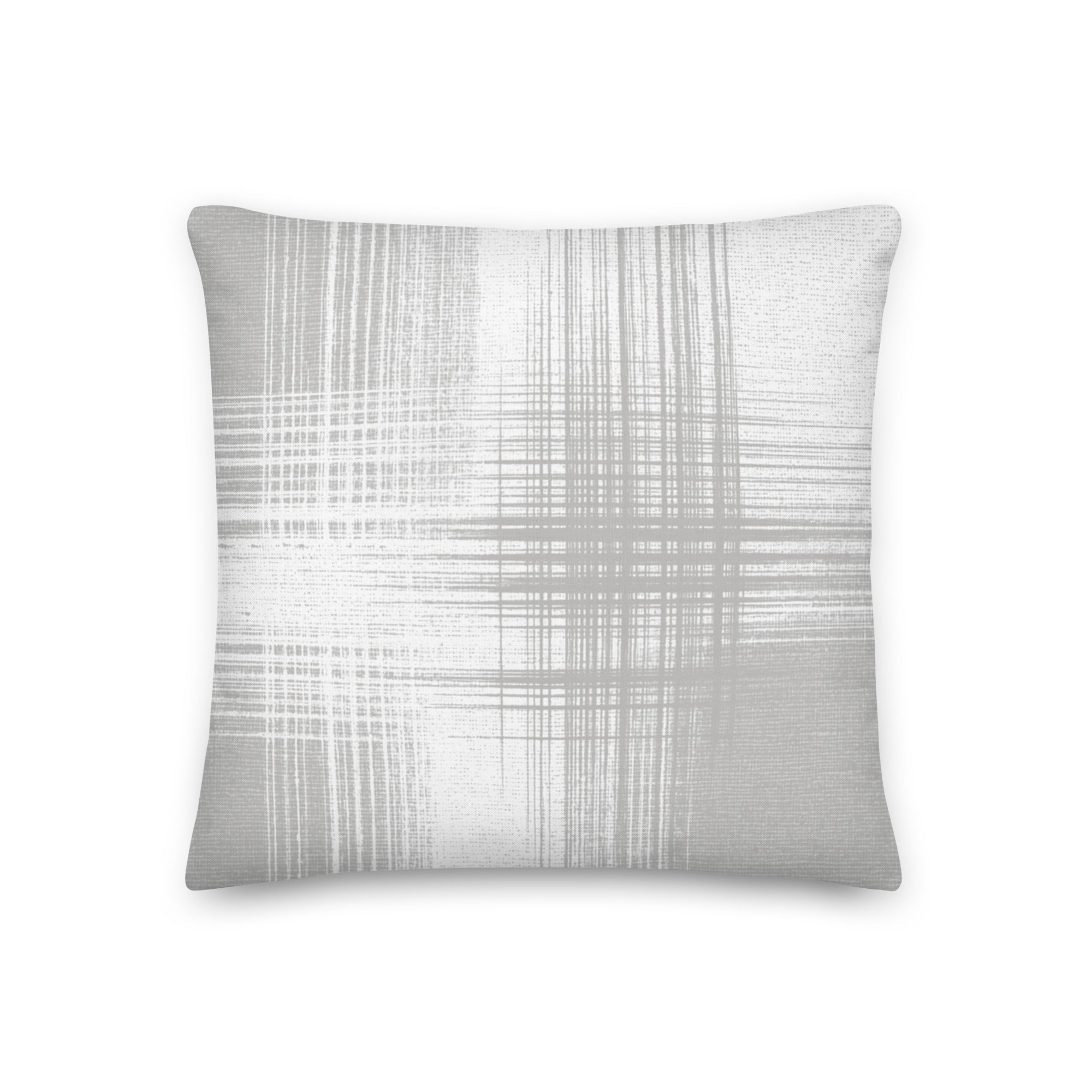 Grey and white cushion with vertical and horizontal lines on a white background