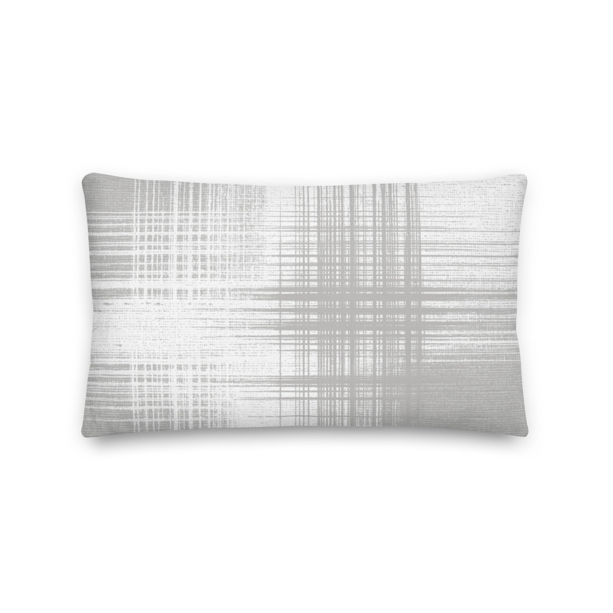 Grey and white cushion with vertical and horizontal lines on a white background