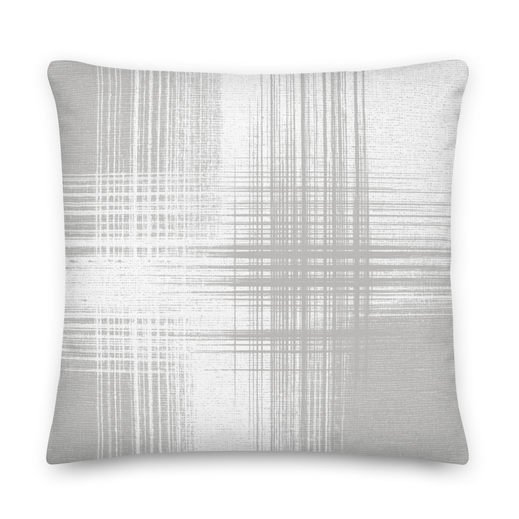 Grey and white cushion with vertical and horizontal lines on a white background