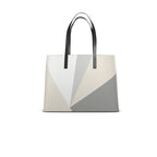 Tote bag with geometric design in white, beige and grey on a white background