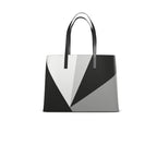 Tote bag with geometric design in white, black and grey on a white background
