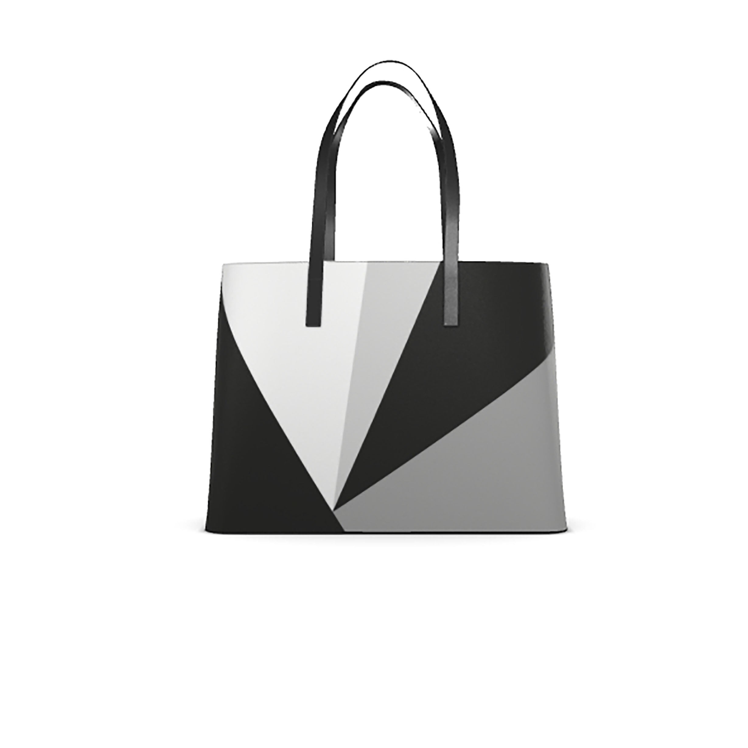 Tote bag with geometric design in white, black and grey on a white background