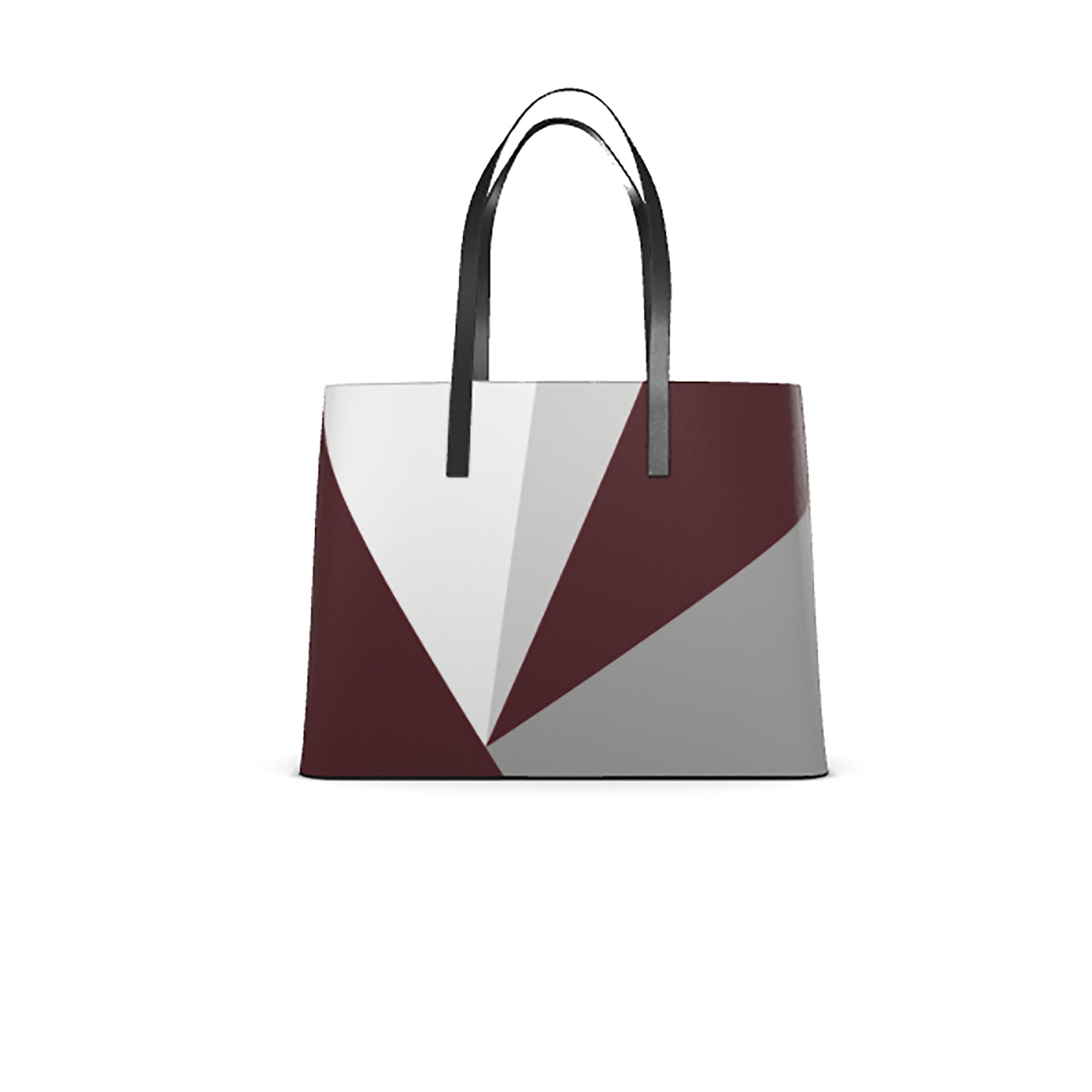 Tote bag with geometric design in white, burgundy and grey on a white background
