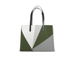 Tote bag with geometric design in white, green and grey on a white background