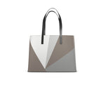 Tote bag with geometric design in white, light brown and grey on a white background