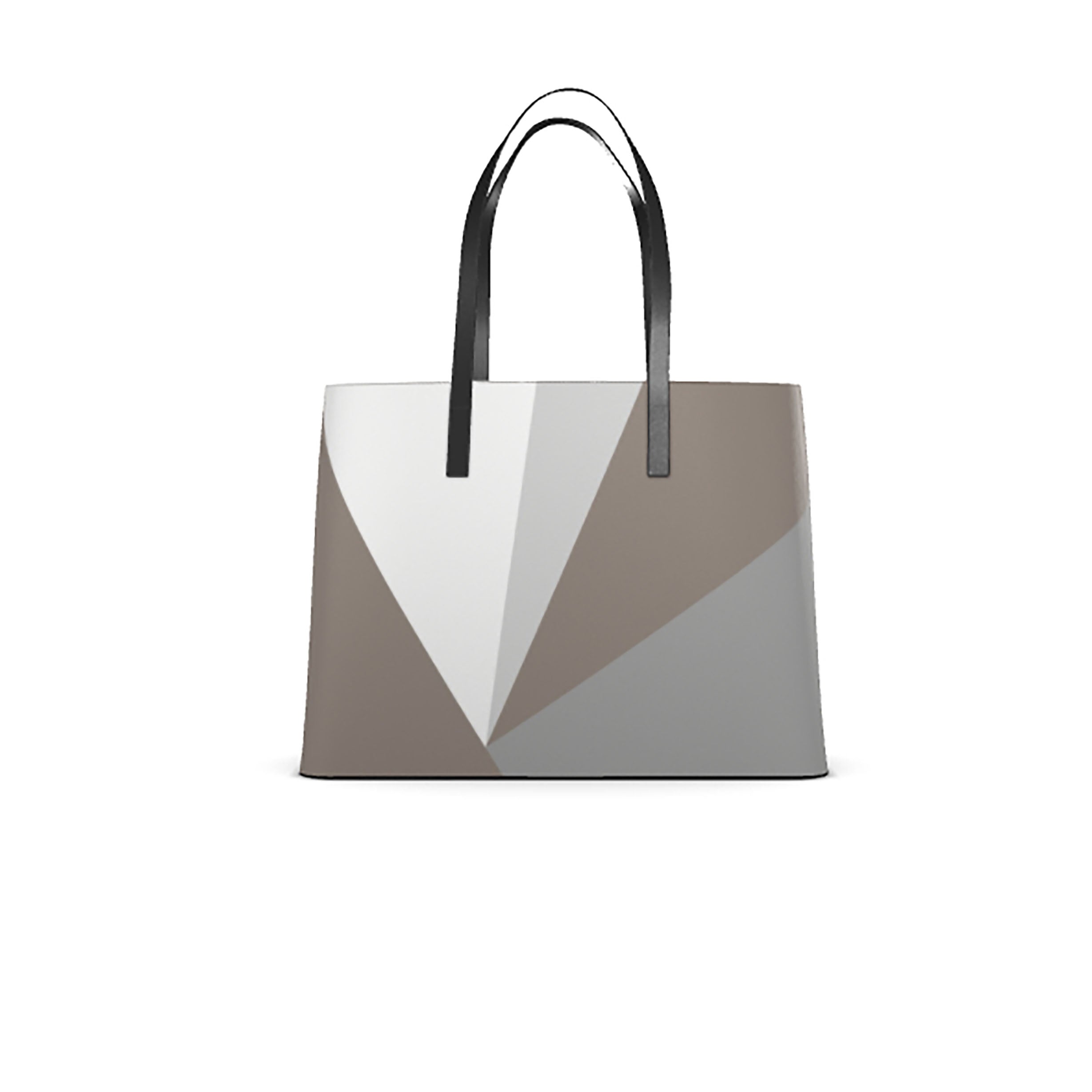 Tote bag with geometric design in white, light brown and grey on a white background