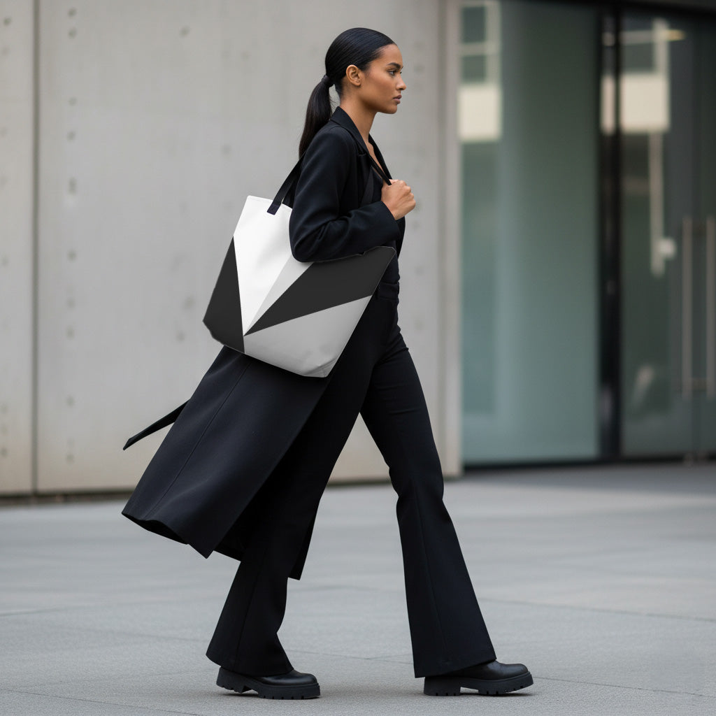 Woman walking outside with a large tote bag with black handles and a black, grey, and white geometric pattern