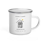 Personalised white enamel camping mug featuring a hiking couple illustration with custom names and “Adventuring Since” year, a perfect custom gift for campers, hikers, and outdoor adventure lovers.