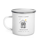 Personalised white enamel camping mug featuring a hiking couple illustration with custom names and “Adventuring Since” year, a perfect custom gift for campers, hikers, and outdoor adventure lovers.