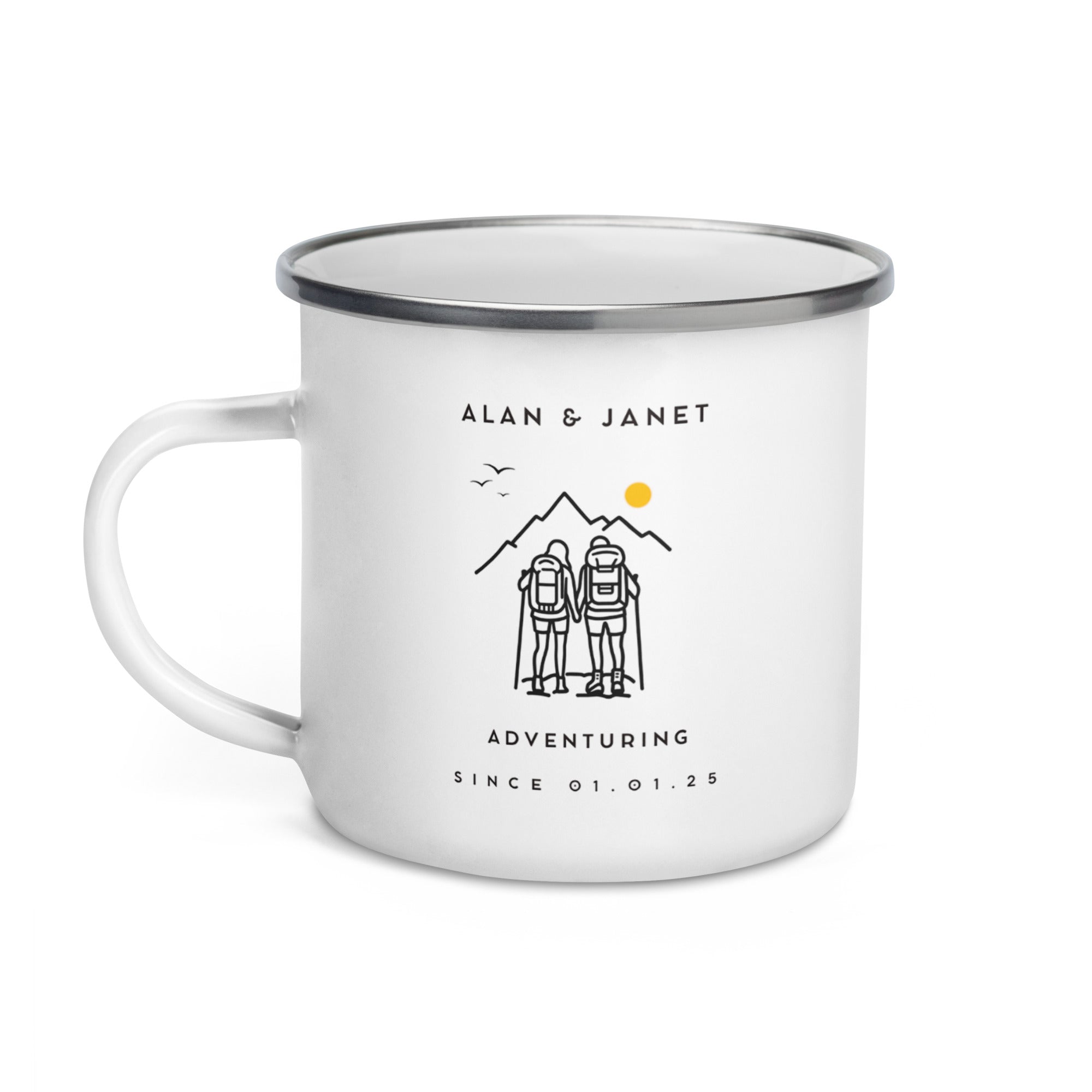 Personalised white enamel camping mug featuring a hiking couple illustration with custom names and “Adventuring Since” year, a perfect custom gift for campers, hikers, and outdoor adventure lovers.