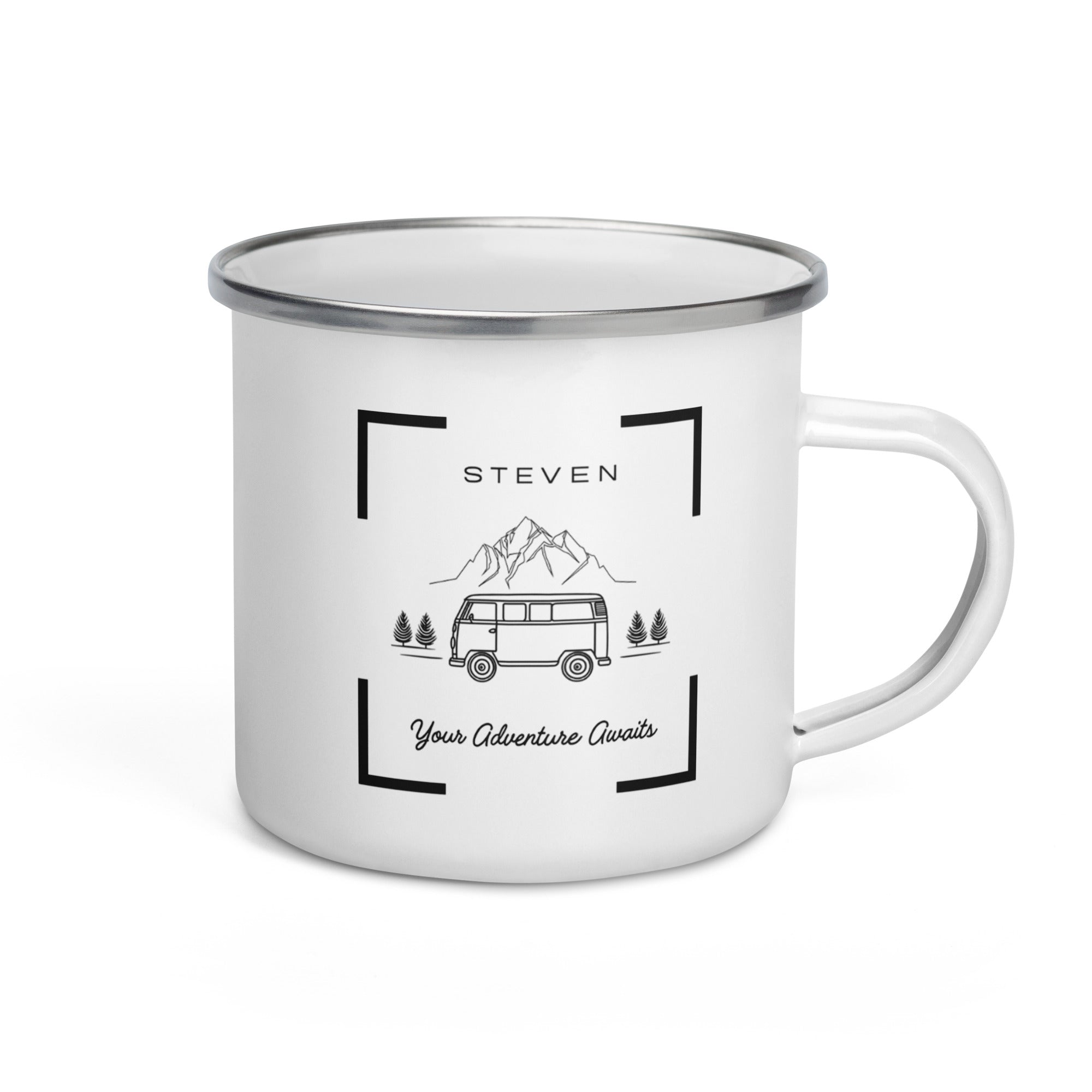 A white 12-ounce metal camping mug featuring a vintage camper van design with mountains in the background and a customizable name above the illustration, with a L shaped frame on each corner.