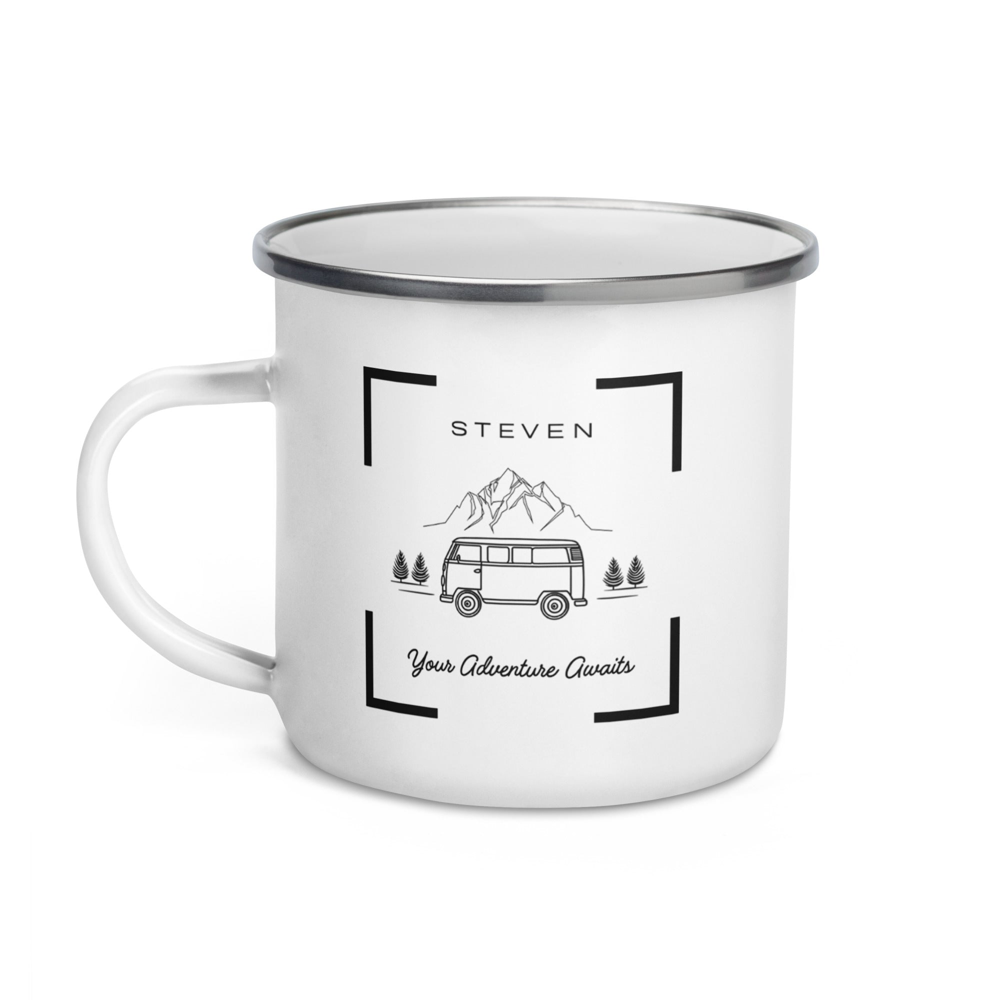 
A white 12-ounce metal camping mug featuring a vintage camper van design with mountains in the background and a customizable name above the illustration, with a L shaped frame on each corner.