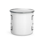 A white 12-ounce metal camping mug featuring a vintage camper van design with mountains in the background and a customizable name above the illustration, with a L shaped frame on each corner.