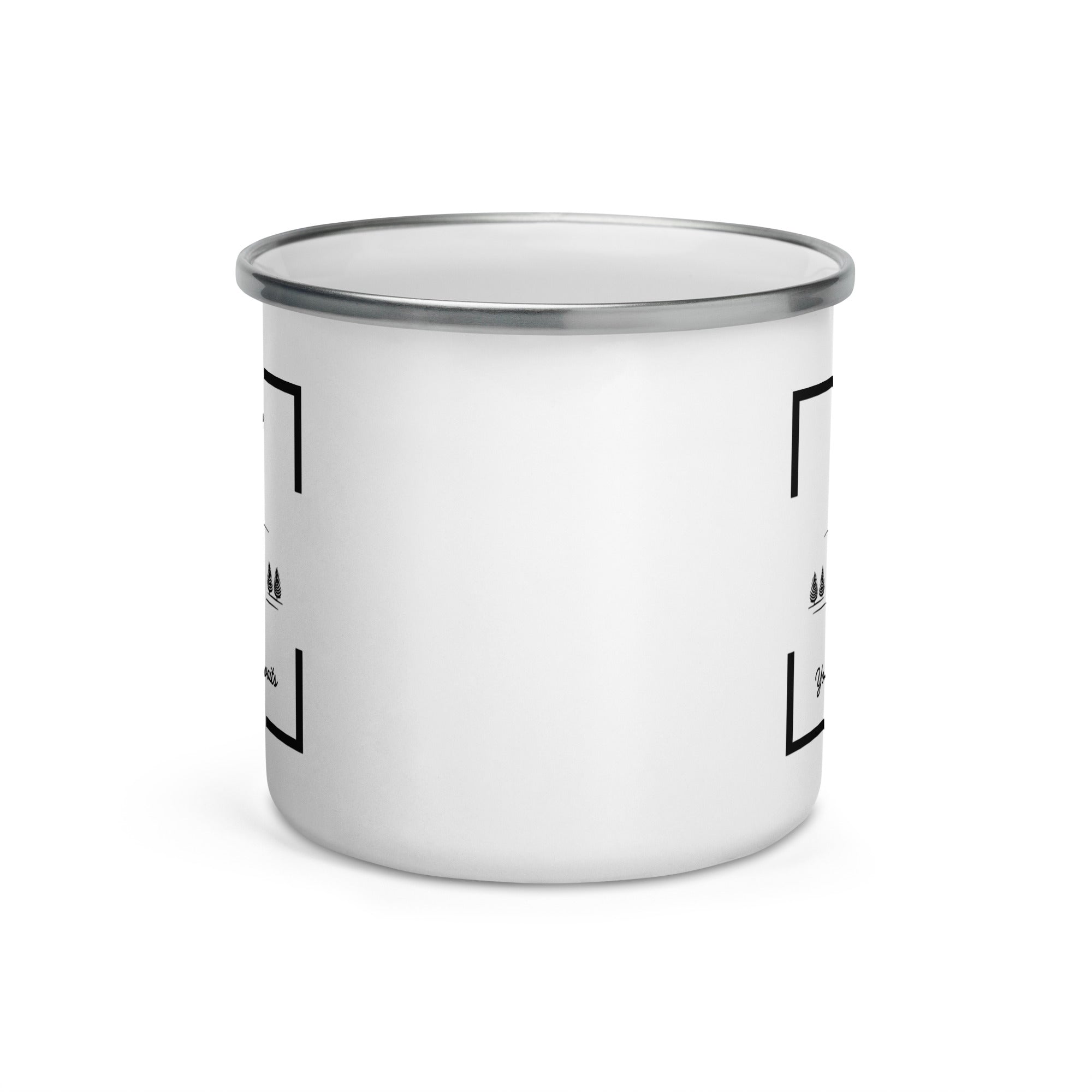 A white 12-ounce metal camping mug featuring a vintage camper van design with mountains in the background and a customizable name above the illustration, with a L shaped frame on each corner.