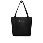 The reverse side of the tote bag, which is solid black fabric. The back is plain except for the company logo, which is centered in white.