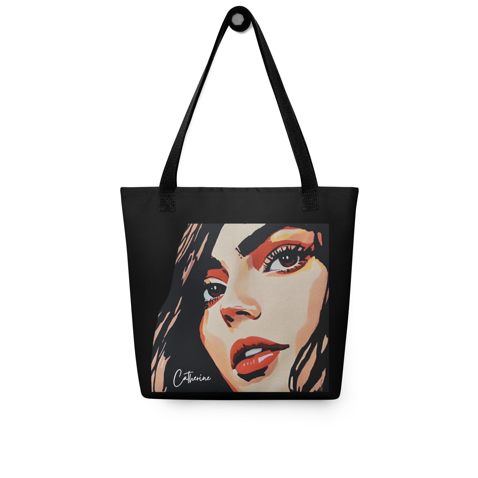 A black tote bag with an  illustration of a woman's face. Below the face is a visible space for custom text, for "Your Name." The bag has two  black handles for carrying.