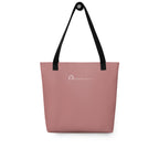 The reverse side of the tote bag, which is solid pink fabric. The back is plain except for the company logo, which is centered in white.