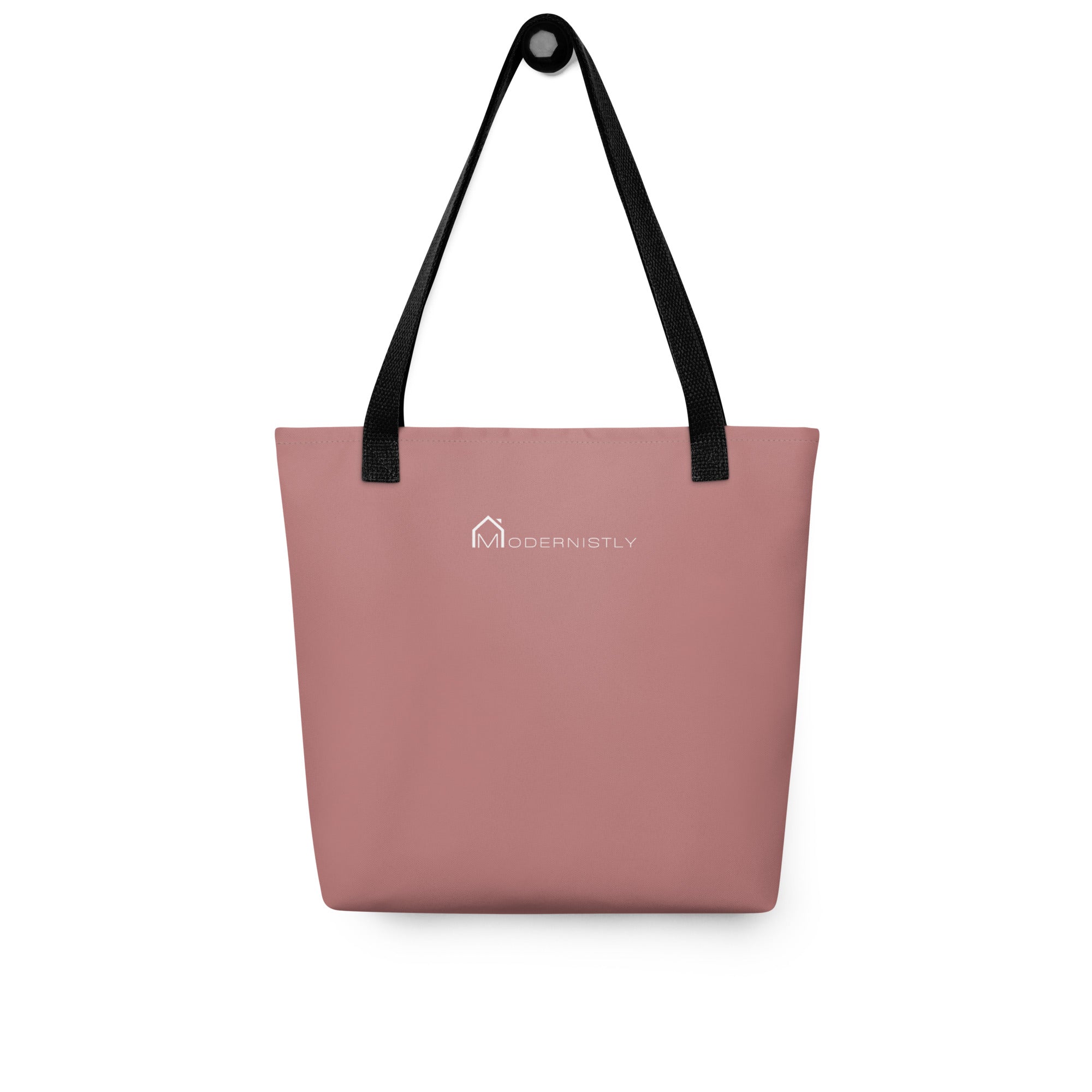 The reverse side of the tote bag, which is solid pink fabric. The back is plain except for the company logo, which is centered in white.