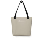 The reverse side of the tote bag, which is solid sand-coloured fabric. The back is plain except for the company logo, which is centered in white.