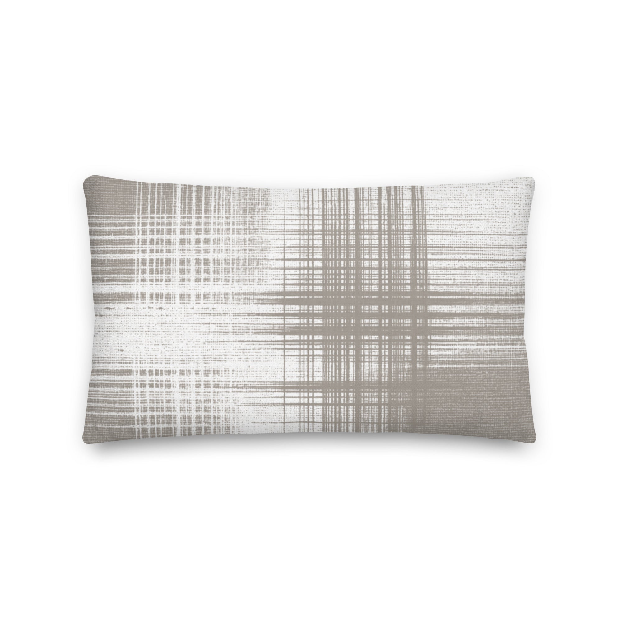 Sand and white cushion with vertical and horizontal lines on a white background