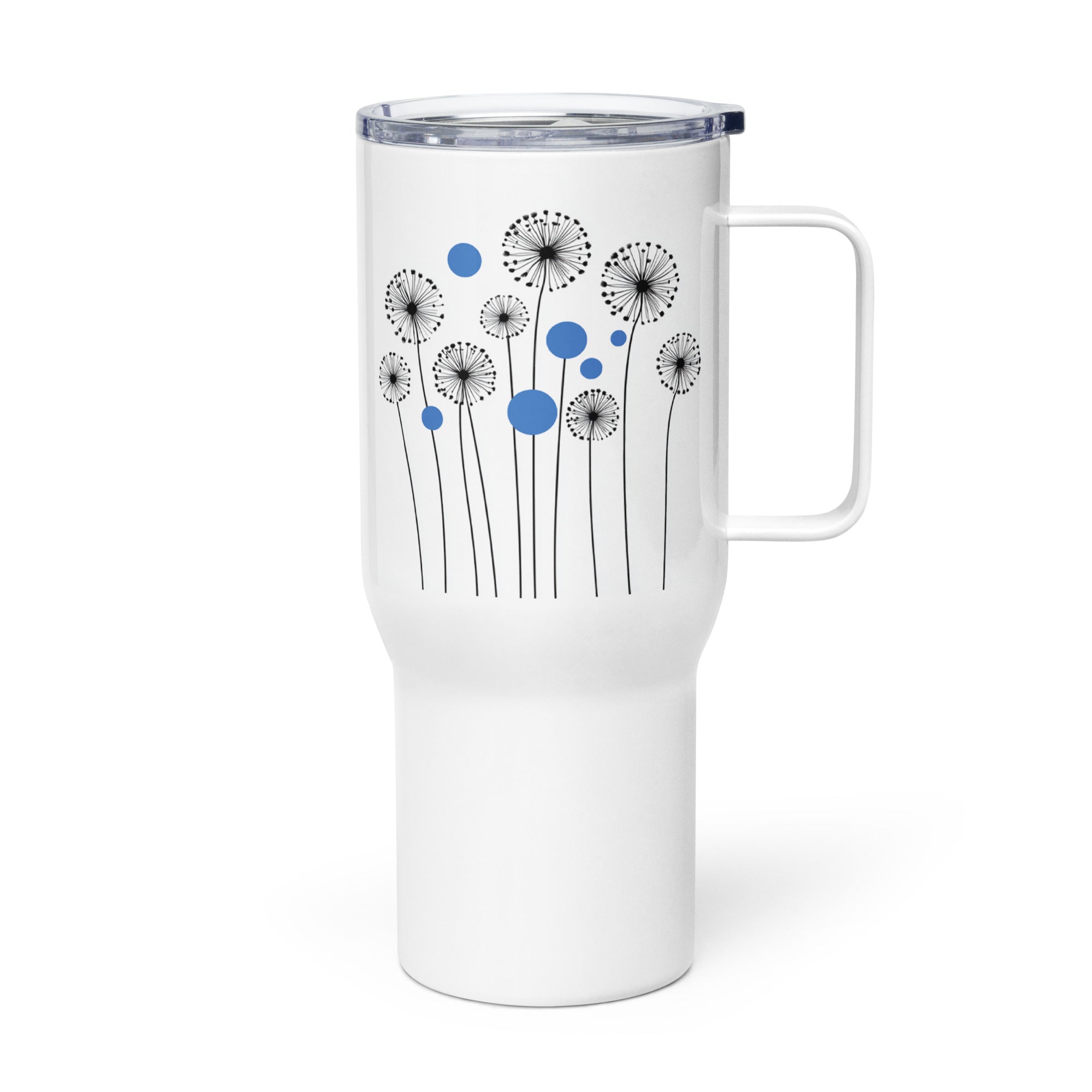 White 25oz stainless steel travel mug with a sturdy handle and an elegant dandelion and blue circle pattern printed on the surface. Designed to keep drinks hot or cold for extended periods with a spill-proof lid.