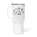 White 25oz stainless steel travel mug with a sturdy handle and an elegant dandelion and blue circle pattern printed on the surface. Designed to keep drinks hot or cold for extended periods with a spill-proof lid.