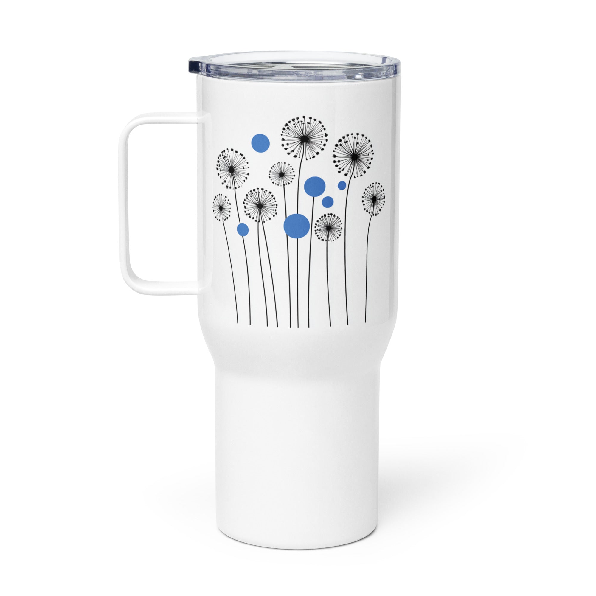 White 25oz stainless steel travel mug with a sturdy handle and an elegant dandelion and blue circle pattern printed on the surface. Designed to keep drinks hot or cold for extended periods with a spill-proof lid.