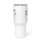 White 25oz stainless steel travel mug with a sturdy handle and an elegant dandelion and blue circle pattern printed on the surface. Designed to keep drinks hot or cold for extended periods with a spill-proof lid.
