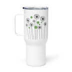White 25oz stainless steel travel mug with a sturdy handle and an elegant dandelion and green circle pattern printed on the surface. Designed to keep drinks hot or cold for extended periods with a spill-proof lid.