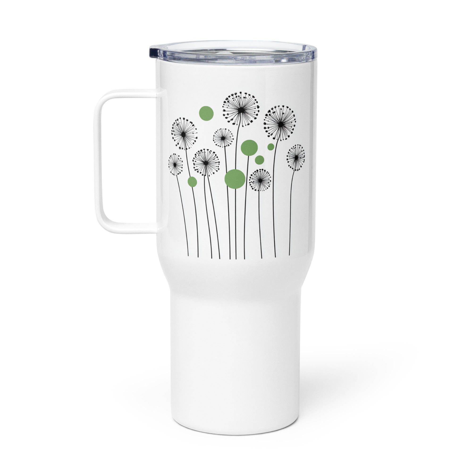 White 25oz stainless steel travel mug with a sturdy handle and an elegant dandelion and green circle pattern printed on the surface. Designed to keep drinks hot or cold for extended periods with a spill-proof lid.