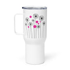 White 25oz stainless steel travel mug with a sturdy handle and an elegant dandelion and pink circle pattern printed on the surface. Designed to keep drinks hot or cold for extended periods with a spill-proof lid.