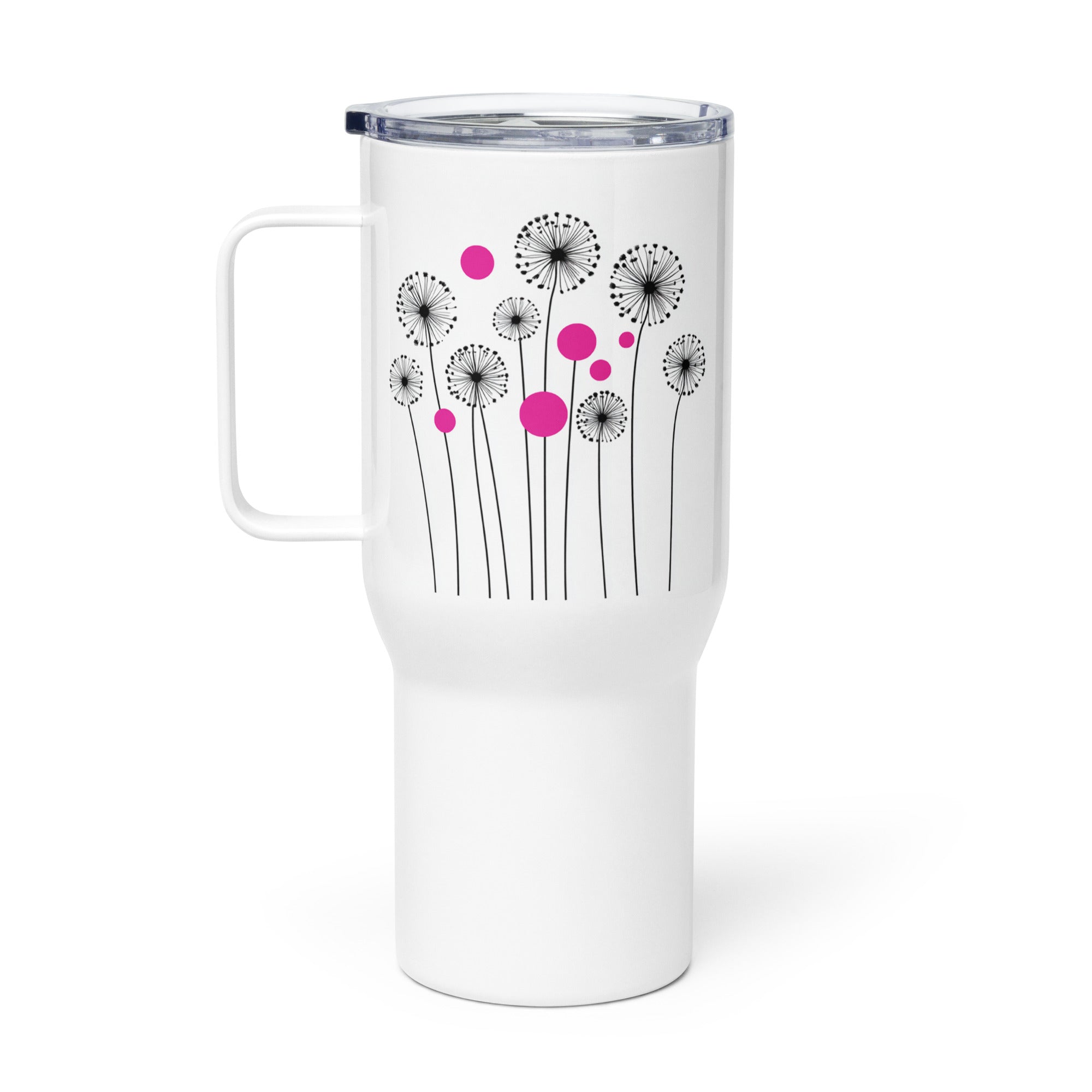 White 25oz stainless steel travel mug with a sturdy handle and an elegant dandelion and pink circle pattern printed on the surface. Designed to keep drinks hot or cold for extended periods with a spill-proof lid.