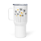 White 25oz stainless steel travel mug with a sturdy handle and an elegant dandelion and yellow circle pattern printed on the surface. Designed to keep drinks hot or cold for extended periods with a spill-proof lid.