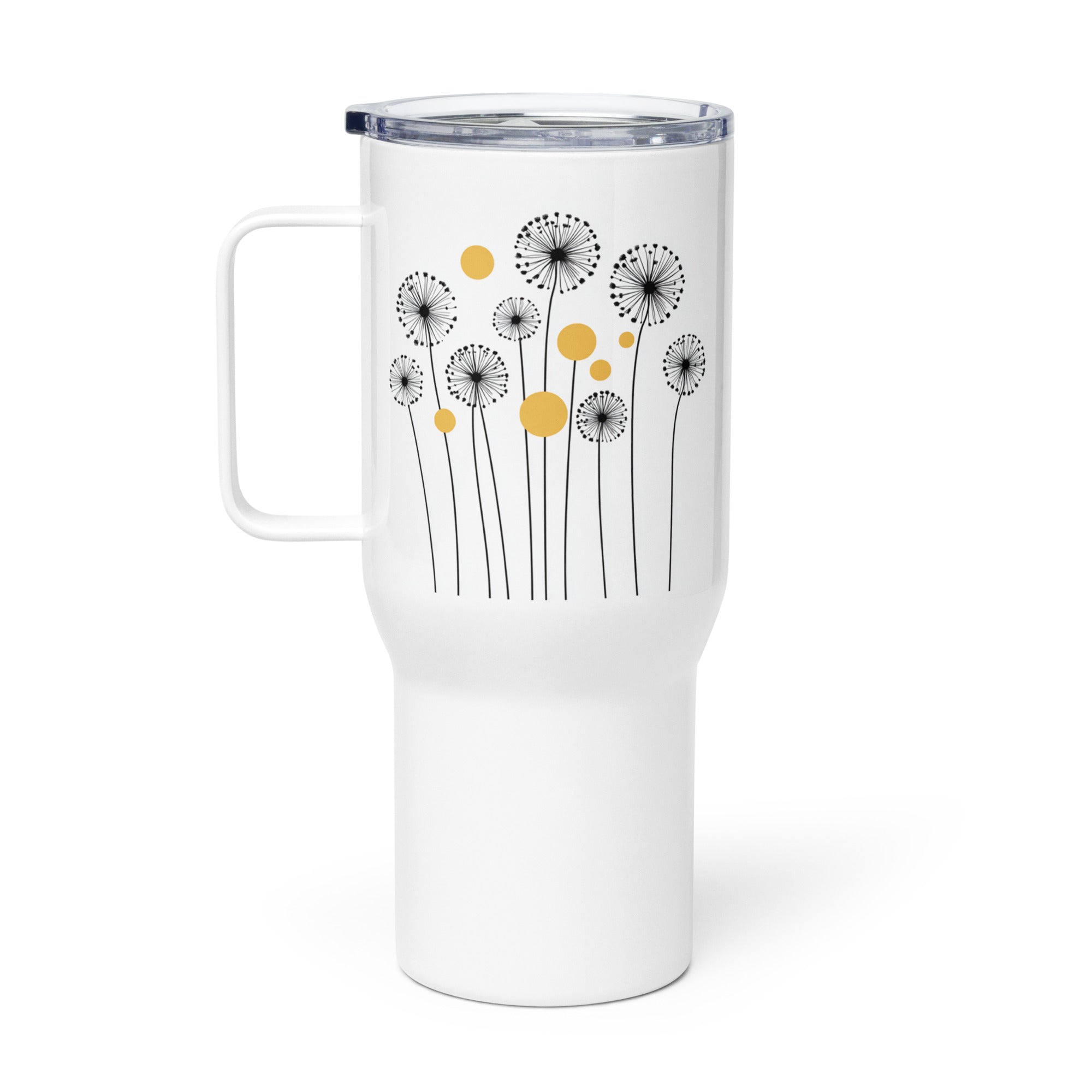 White 25oz stainless steel travel mug with a sturdy handle and an elegant dandelion and yellow circle pattern printed on the surface. Designed to keep drinks hot or cold for extended periods with a spill-proof lid.