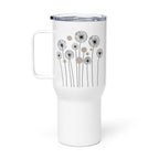 White 25oz stainless steel travel mug with a sturdy handle and an elegant dandelion and sand-coloured circle pattern printed on the surface. Designed to keep drinks hot or cold for extended periods with a spill-proof lid.