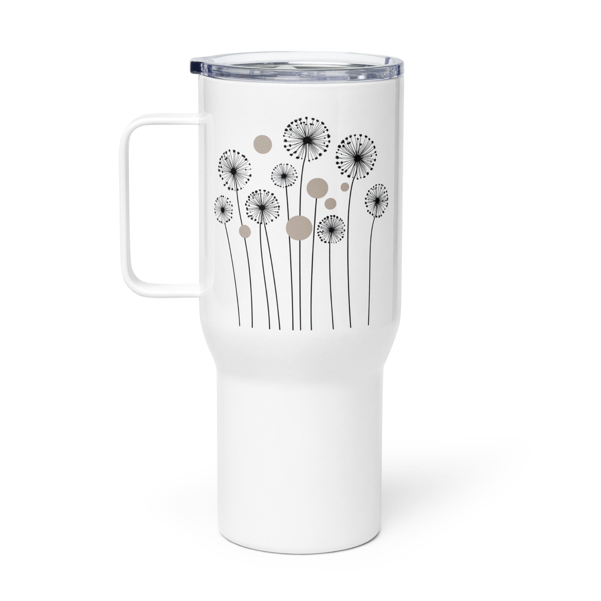 White 25oz stainless steel travel mug with a sturdy handle and an elegant dandelion and sand-coloured circle pattern printed on the surface. Designed to keep drinks hot or cold for extended periods with a spill-proof lid.