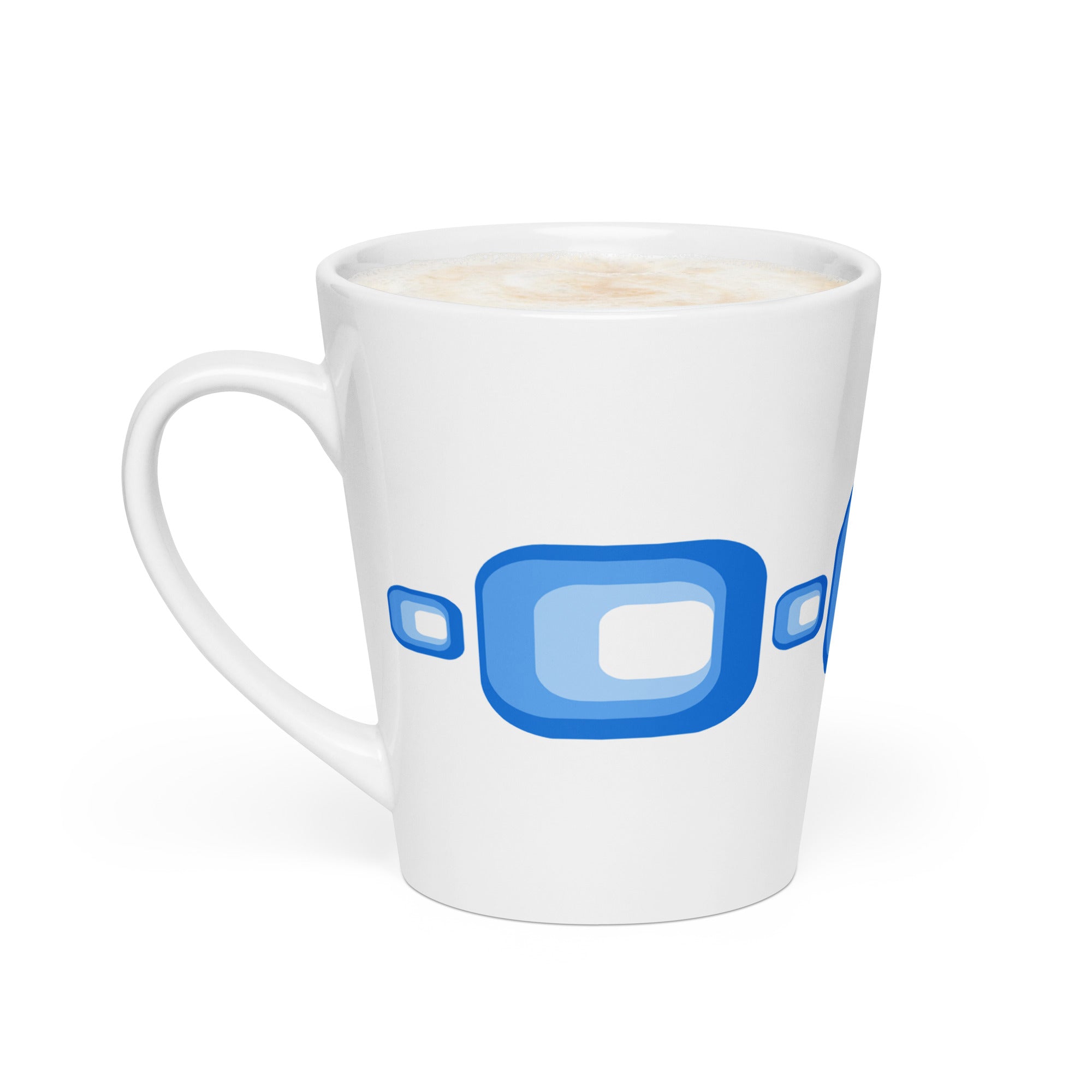 A vertical, 12-ounce white ceramic latte mug featuring a repeating, modern 1970s retro-inspired pattern of repeated curved blue squares. The mug has a tall, tapered shape, and the glaze is glossy.