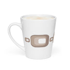 A vertical, 12-ounce white ceramic latte mug featuring a repeating, modern 1970s retro-inspired pattern of repeated curved brown squares. The mug has a tall, tapered shape, and the glaze is glossy.