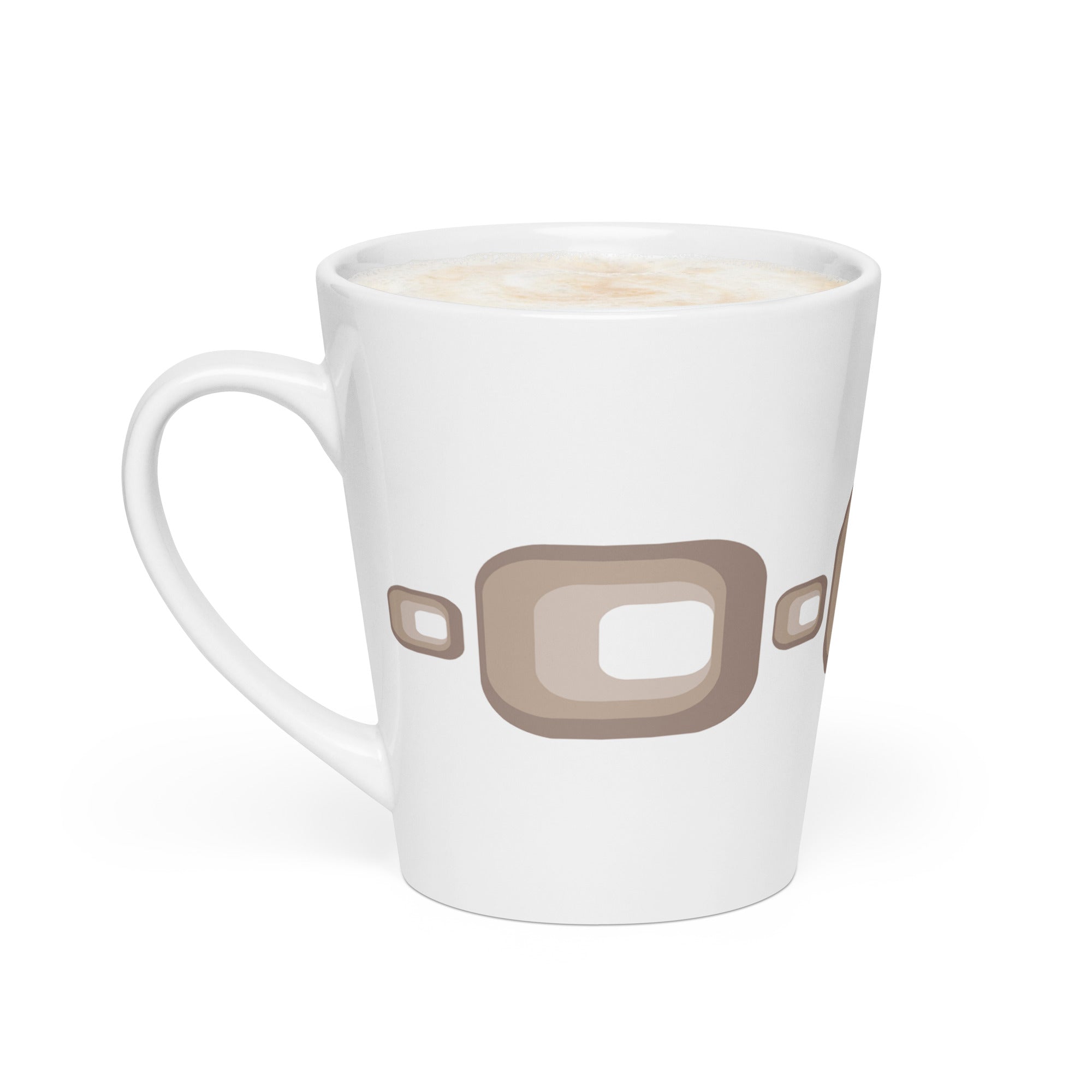 A vertical, 12-ounce white ceramic latte mug featuring a repeating, modern 1970s retro-inspired pattern of repeated curved brown squares. The mug has a tall, tapered shape, and the glaze is glossy.