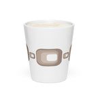 Side view of a vertical, 12-ounce white ceramic latte mug featuring a repeating, modern 1970s retro-inspired pattern of repeated curved brown squares. The mug has a tall, tapered shape, and the glaze is glossy.