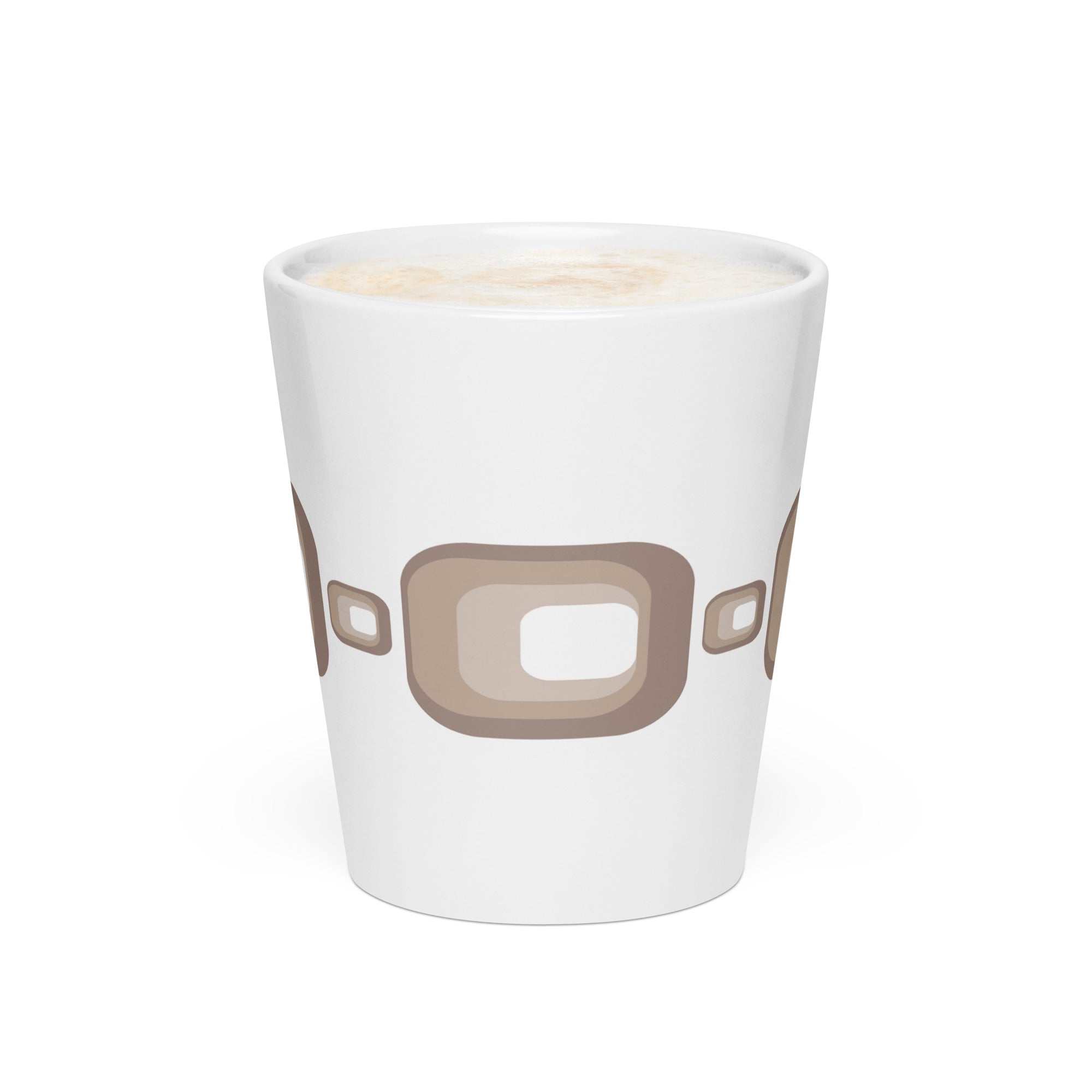 Side view of a vertical, 12-ounce white ceramic latte mug featuring a repeating, modern 1970s retro-inspired pattern of repeated curved brown squares. The mug has a tall, tapered shape, and the glaze is glossy.