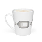 A vertical, 12-ounce white ceramic latte mug featuring a repeating, modern 1970s retro-inspired pattern of repeated curved grey squares. The mug has a tall, tapered shape, and the glaze is glossy.
